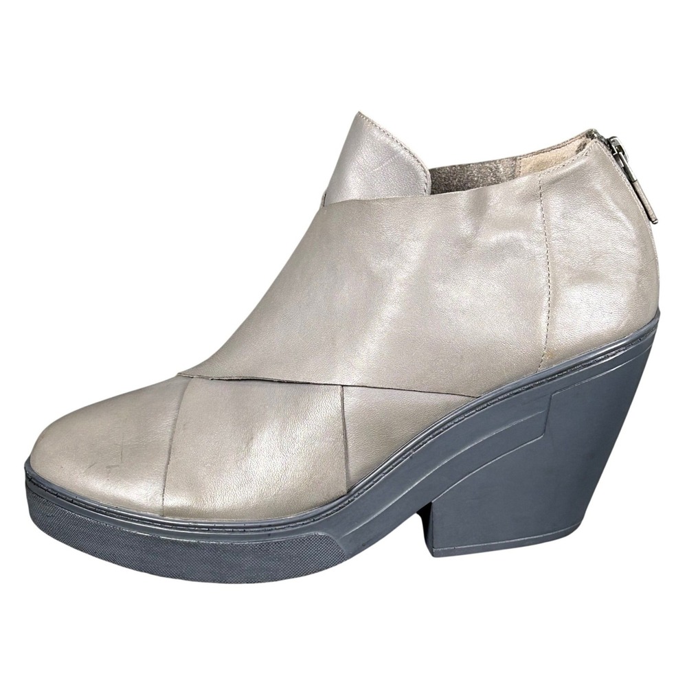 Eileen Fisher Cosmos Gray Leather‎ Ankle Booties Wedge Heel Zip Closure Size 11M